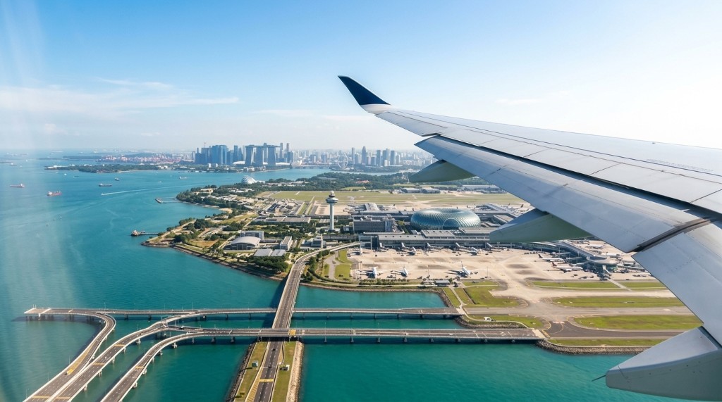 Arriving in Singapore — aerial view of Changi Airport Arriving in Singapore — aerial view of Changi Airport