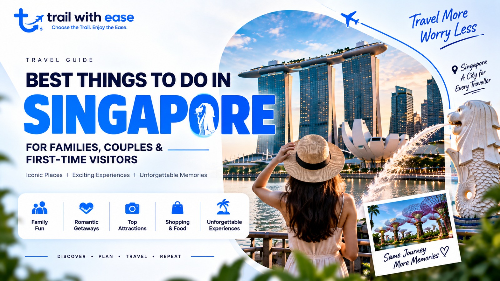 Best things to do in Singapore travel guide featuring Marina Bay Sands, Merlion, Gardens by the Bay, and a traveller enjoying the Singapore skyline. Best things to do in Singapore travel guide featuring Marina Bay Sands, Merlion, Gardens by the Bay, and a traveller enjoying the Singapore skyline.