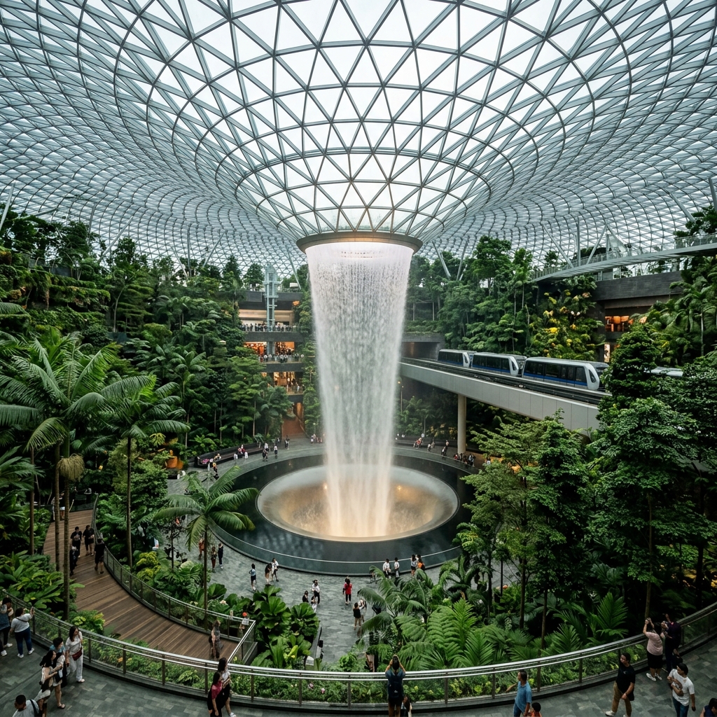 Jewel Changi Airport HSBC Rain Vortex indoor waterfall and Shiseido Forest Valley dome in Singapore Jewel Changi Airport HSBC Rain Vortex indoor waterfall and Shiseido Forest Valley dome in Singapore