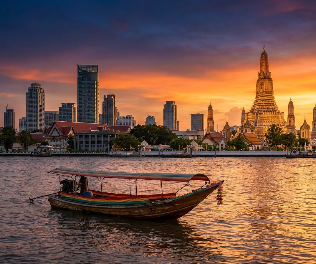 A traditional Thai longtail boat floating on the Chao Phraya River with the glittering temples of Bangkok in the background under a golden sunset sky A traditional Thai longtail boat floating on the Chao Phraya River with the glittering temples of Bangkok in the background under a golden sunset sky