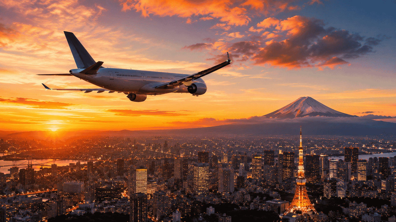 Modern passenger airplane flying over Tokyo skyline with Mount Fuji in the background at sunset Modern passenger airplane flying over Tokyo skyline with Mount Fuji in the background at sunset