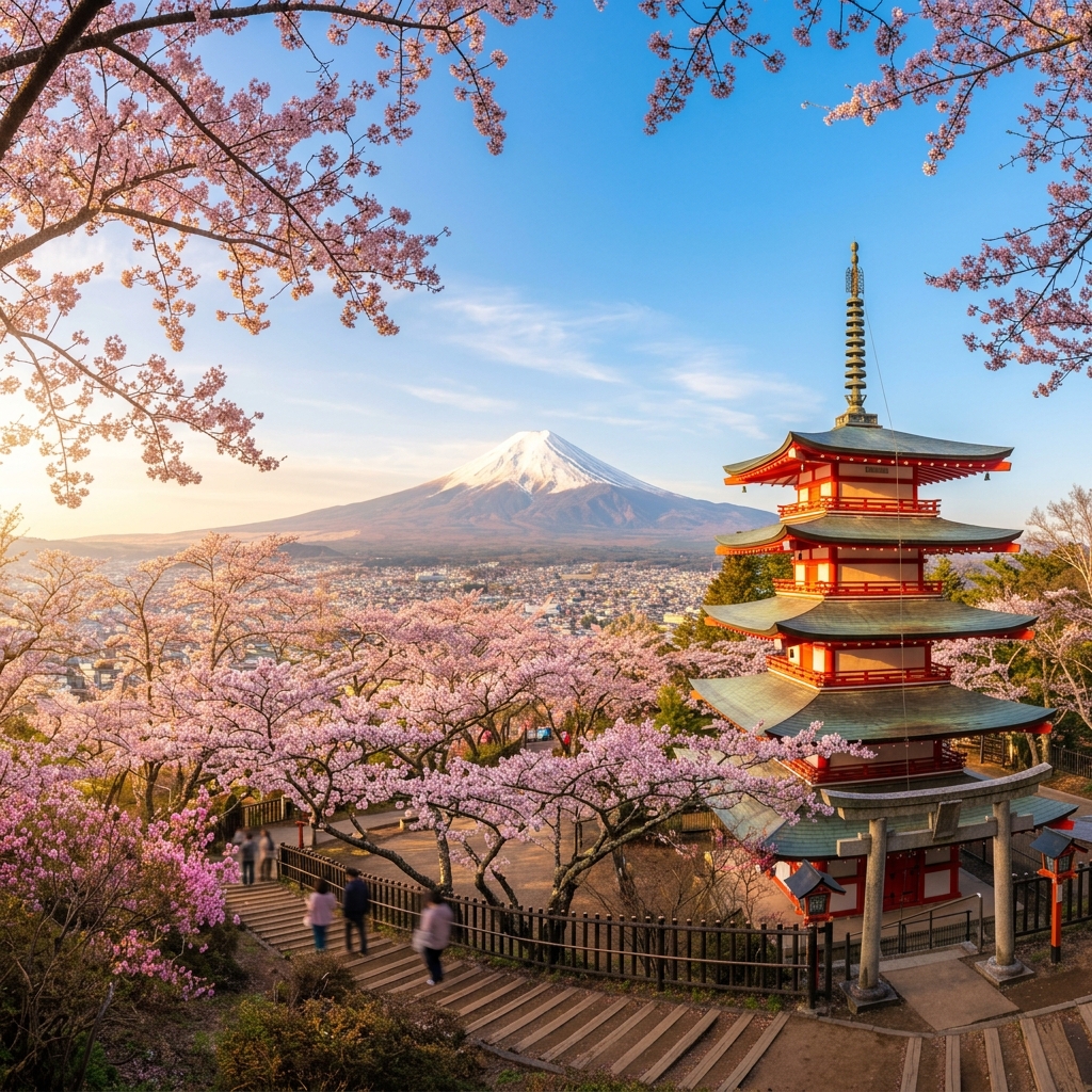 Mount Fuji with red five-story pagoda and blooming pink sakura cherry blossoms in Japan Mount Fuji with red five-story pagoda and blooming pink sakura cherry blossoms in Japan